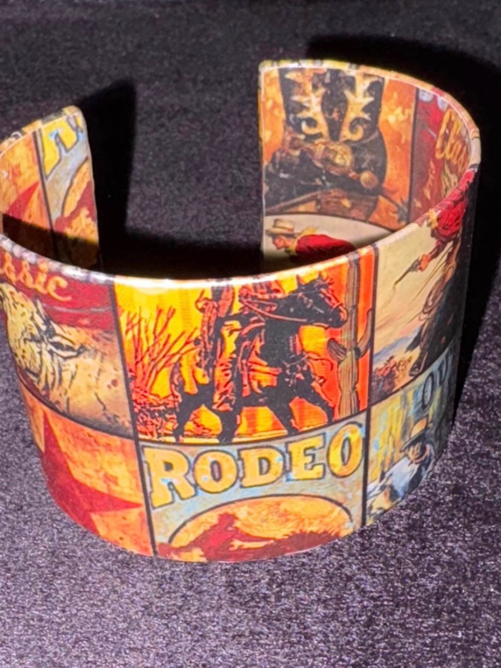 Retro Cowgirl Wide Cuff Bracelet-Vintage Western Rodeo Scenes